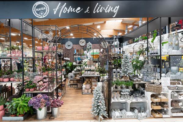 Du siehst einen dekorativen Ladenbereich mit Pflanzen, Wohnaccessoires und winterlicher Dekoration.