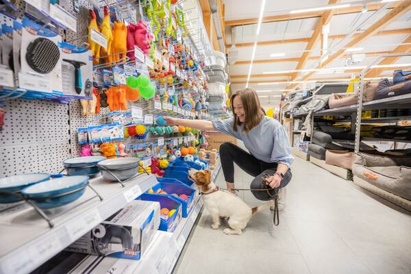 Eine Frau kniet mit ihrem Hund im Tierfachmarkt und greift nach einem bunten Spielzeug im Regal.
