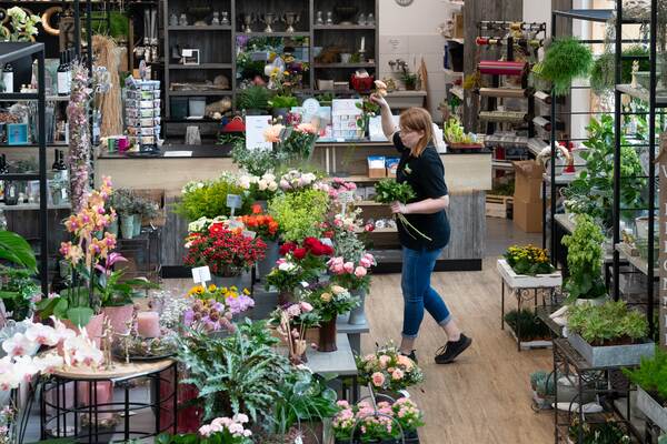 Du siehst eine Floristin im Raiffeisen-Markt, die frische Blumen aus einem bunten Sortiment auswählt.
